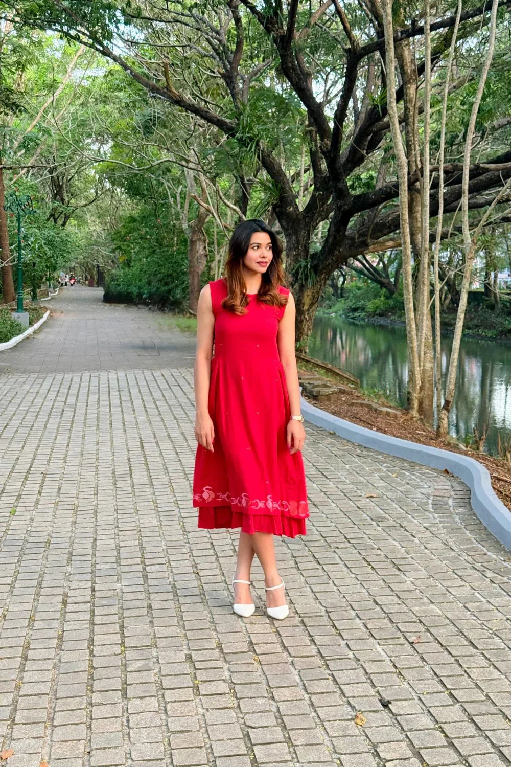 Radiance Red Layered Jamdani Dress | SHOBITAM