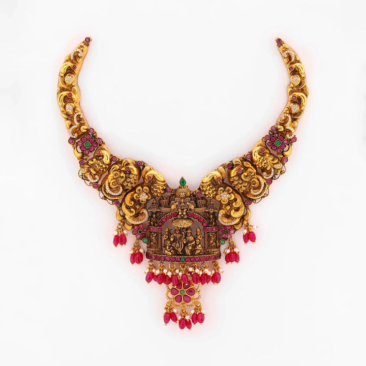 Pure 92.5 Silver, Gold Plated Shri Ram Parivar Ratna Short Necklace