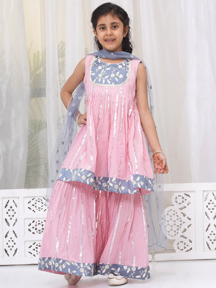 Girls Cotton Sleeveless White Thread Floral Embroidery Kurta Frock with Sharara and Dupatta - Pink | SHOBITAM