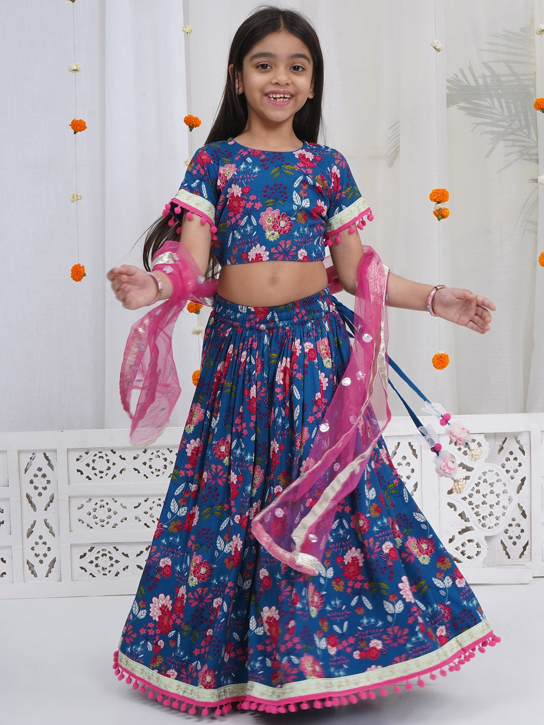 Girls Royal Blue Cotton Phoolon ki Bahar Lehenga Set | SHOBITAM
