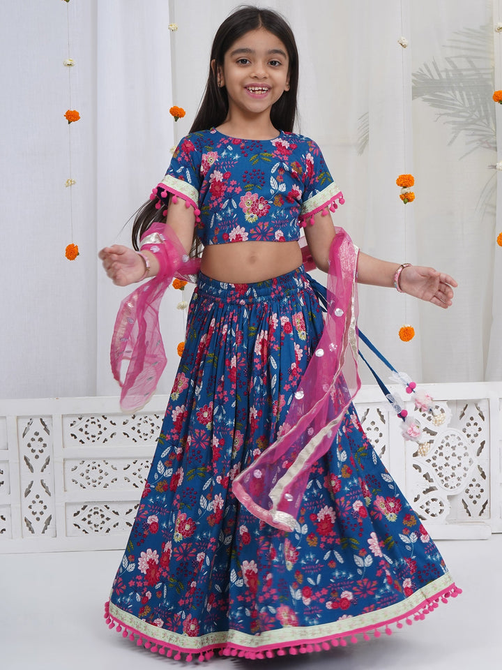 Girls Royal Blue Cotton Phoolon ki Bahar Lehenga Set | SHOBITAM
