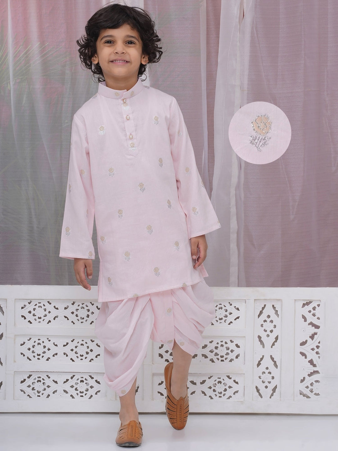 Boys Cotton Full Sleeves Kurta and Dhoti with Floral Zari Work - Pink | SHOBITAM