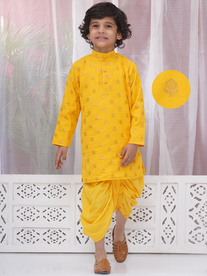 Boys Cotton Full Sleeves Kurta and Dhoti with Golden Floral Zari Work- Haldi Yellow | SHOBITAM
