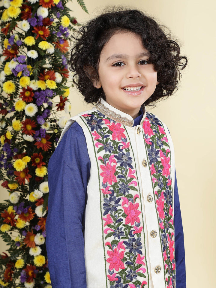 Floral Embroidery Mulberry Nehru Jacket with Blue Cotton Kurta Dhoti Set | SHOBITAM