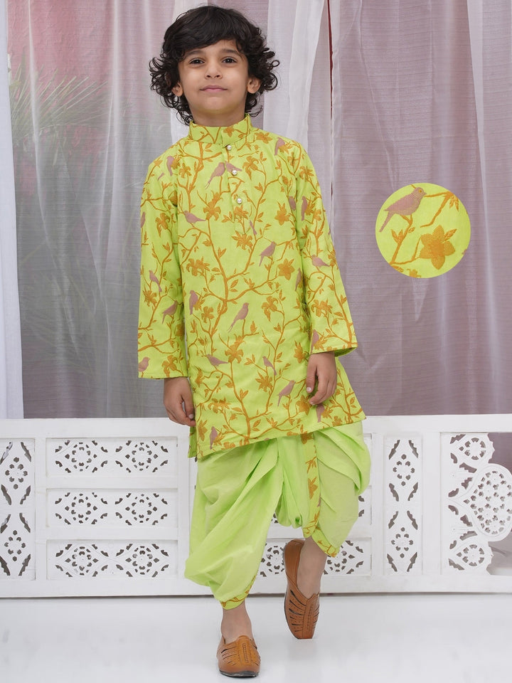 Boys Cotton Full Sleeves Kurta and Dhoti with Floral Bird Thread Embroidery- Green | SHOBITAM