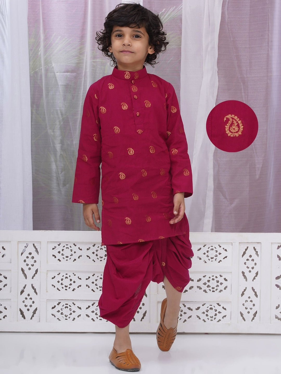 Boys Cotton Full Sleeves Kurta and Dhoti with Golden Paisley Zari Work- Rani | SHOBITAM