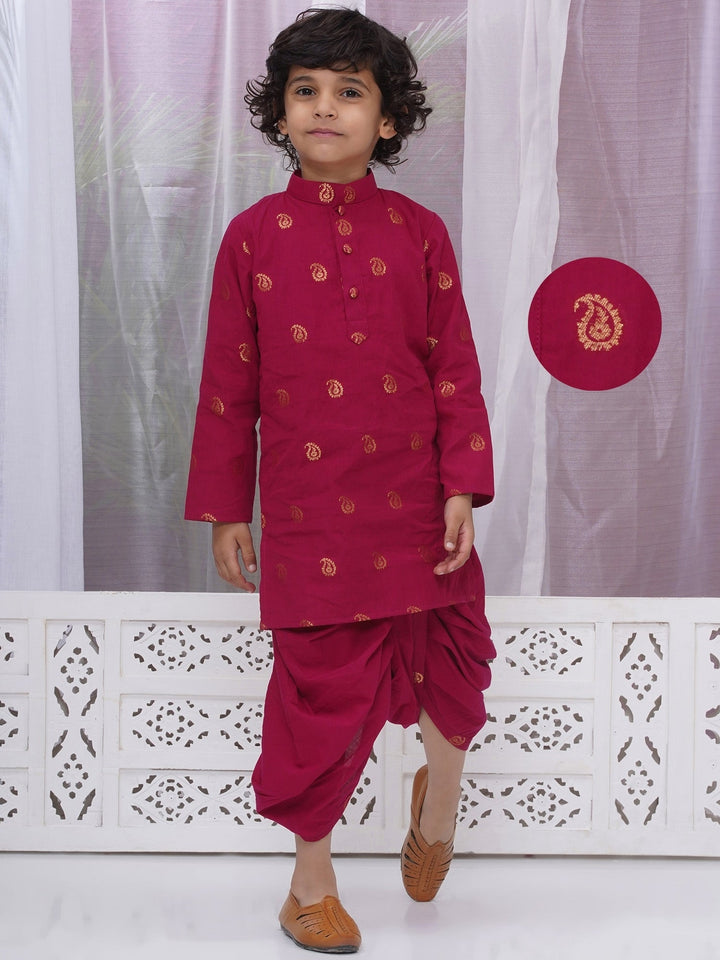 Boys Cotton Full Sleeves Kurta and Dhoti with Golden Paisley Zari Work- Rani | SHOBITAM