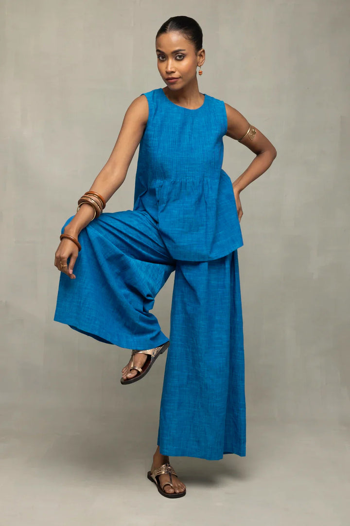 Azure Blue Textured Co-Ord Set with Sleeveless Top & Wide-Leg Pants | SHOBITAM