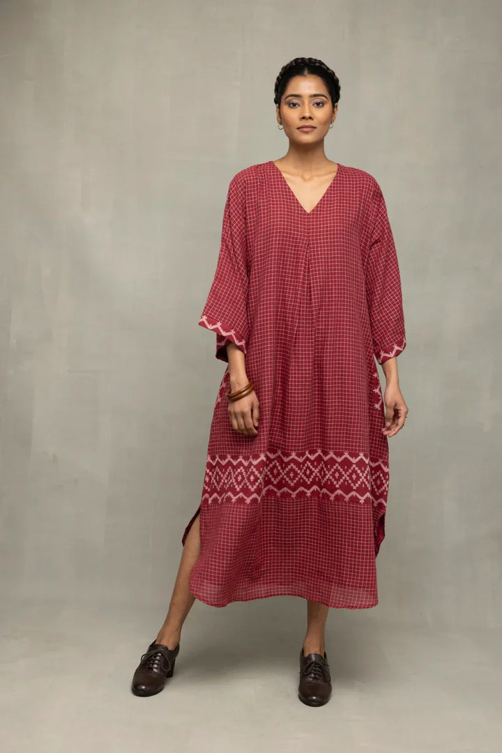 Crimson Checkered Jamdani Kaftan Dress | SHOBITAM