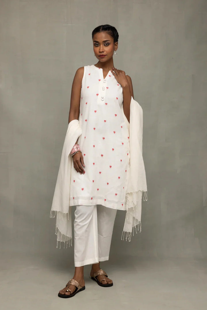 White and Red Heart Woven Cotton Suit Set With Dupatta | SHOBITAM