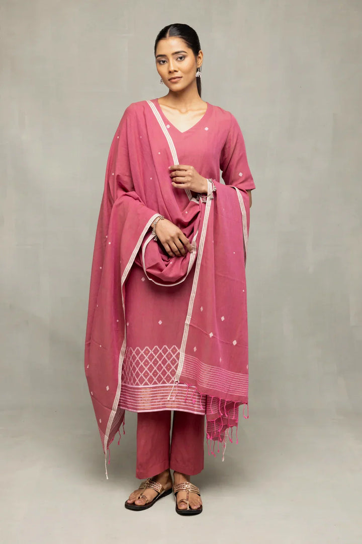 Dusty Rose Cross Motifs Jamdani Kurta Set With Dupatta | SHOBITAM