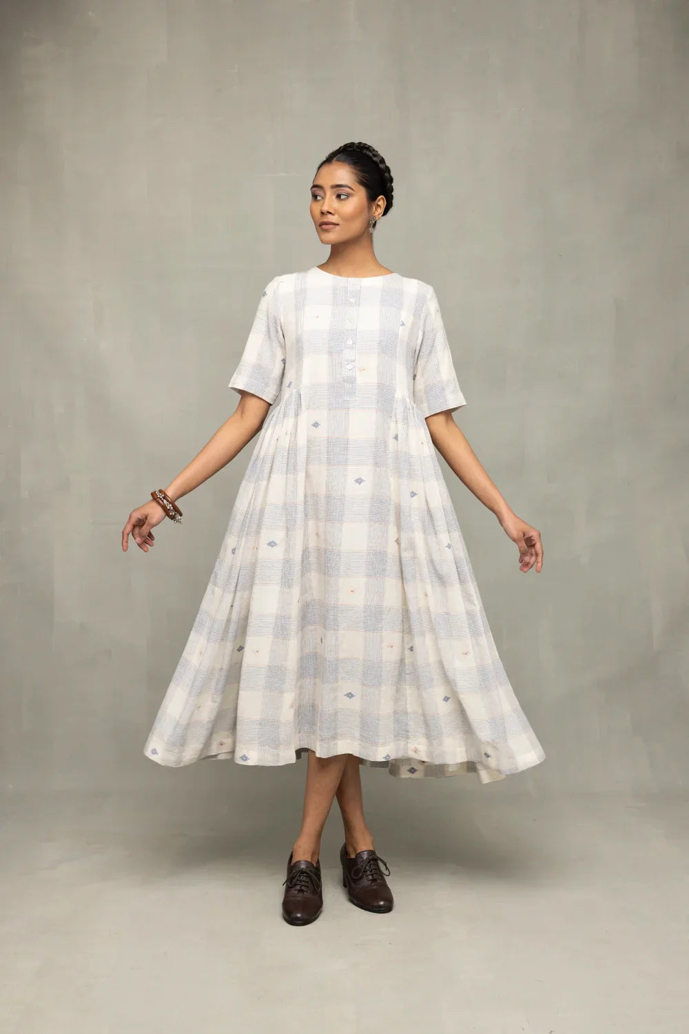 Ivory & Blue Checkered Jamdani Dress | SHOBITAM