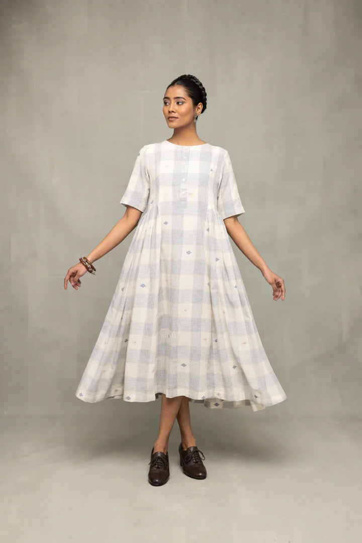 Ivory & Blue Checkered Jamdani Dress | SHOBITAM