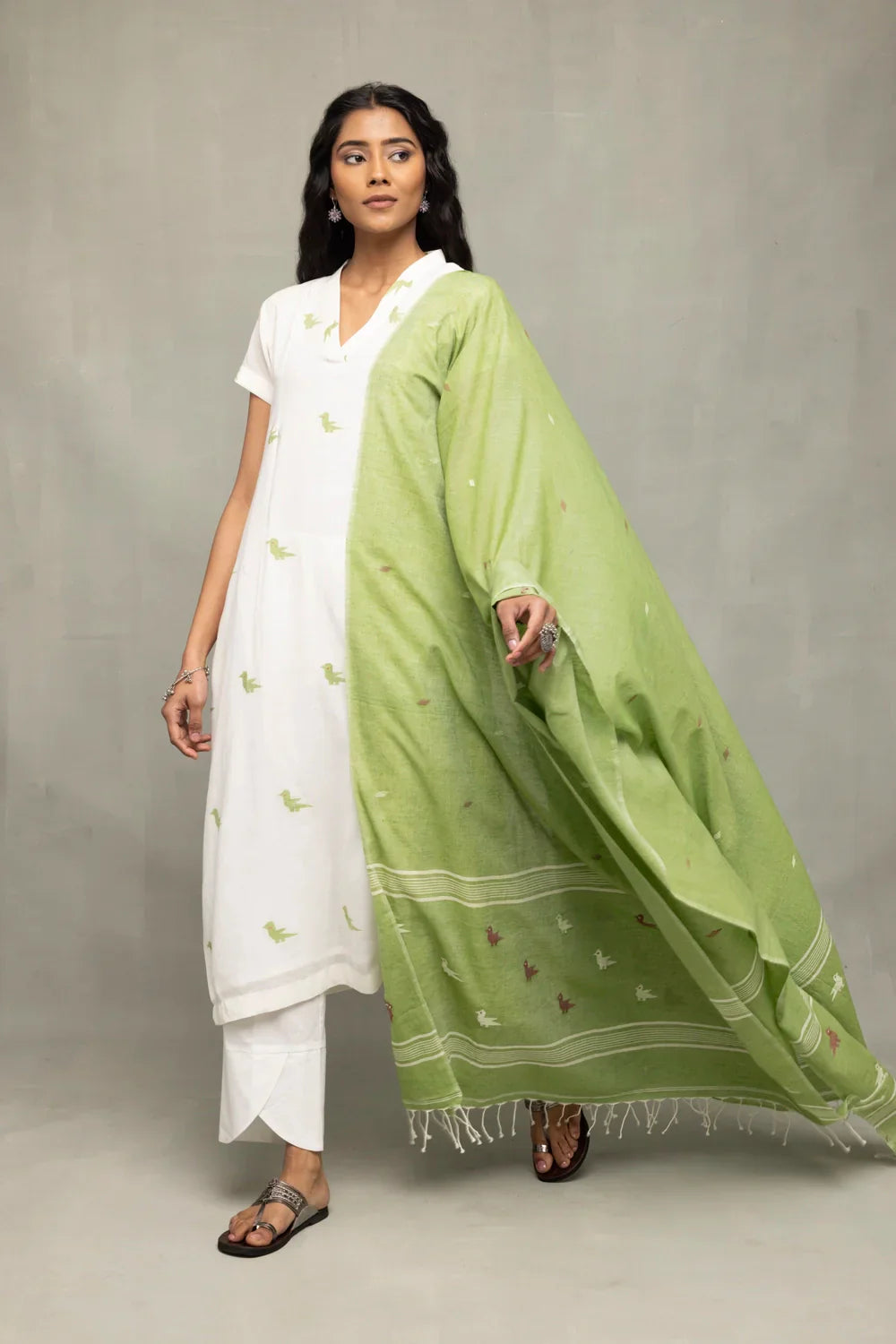 Ivory & Sage Green Bird Motif Jamdani Kurta Set with Dupatta | SHOBITAM