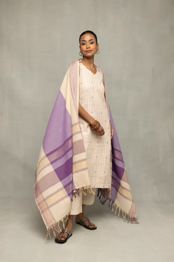 Cream and Mauve South Cotton Zari Kurta Set with Dupatta | SHOBITAM