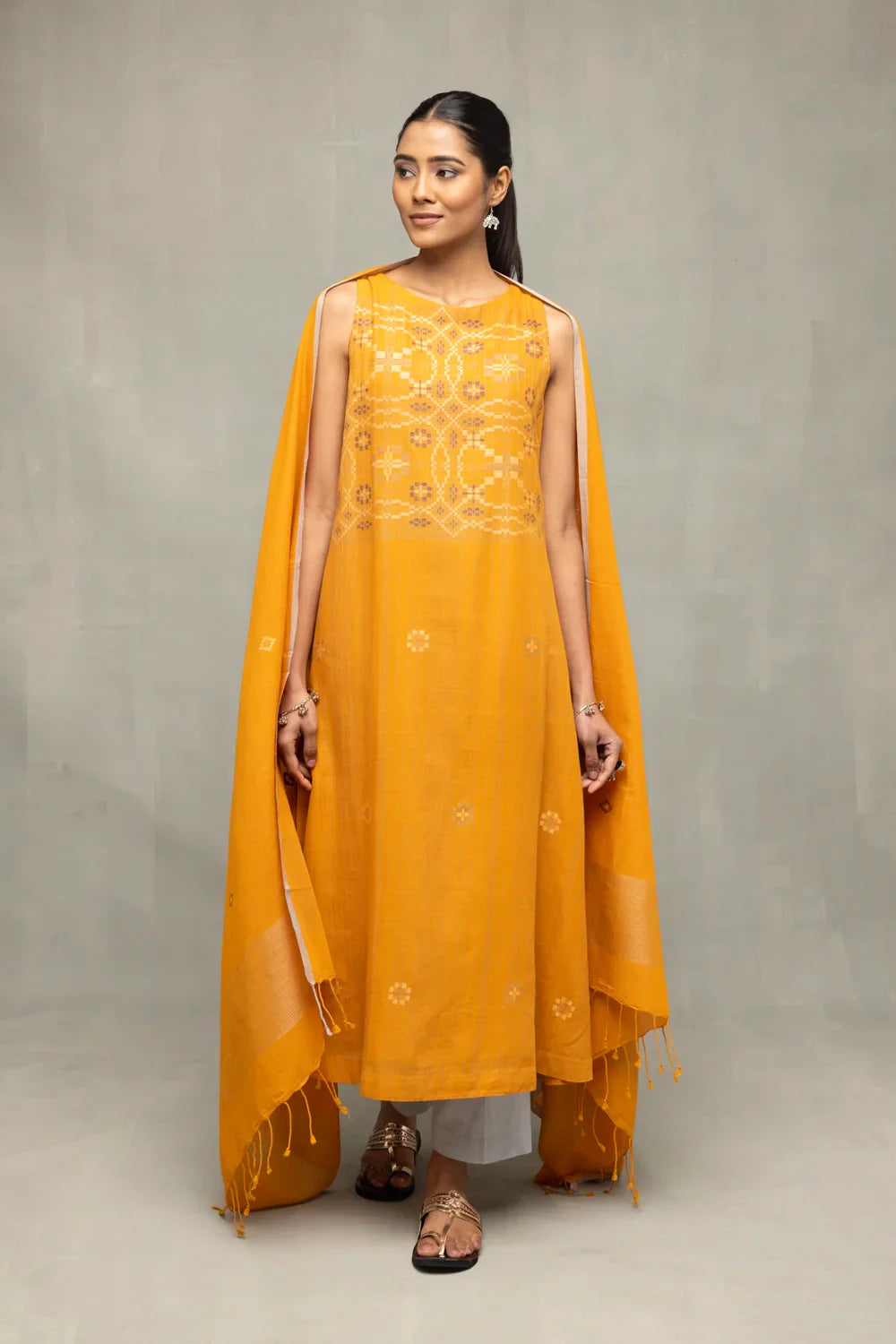 Mustard & Moonlight Jamdani Kurta Set with Dupatta | SHOBITAM