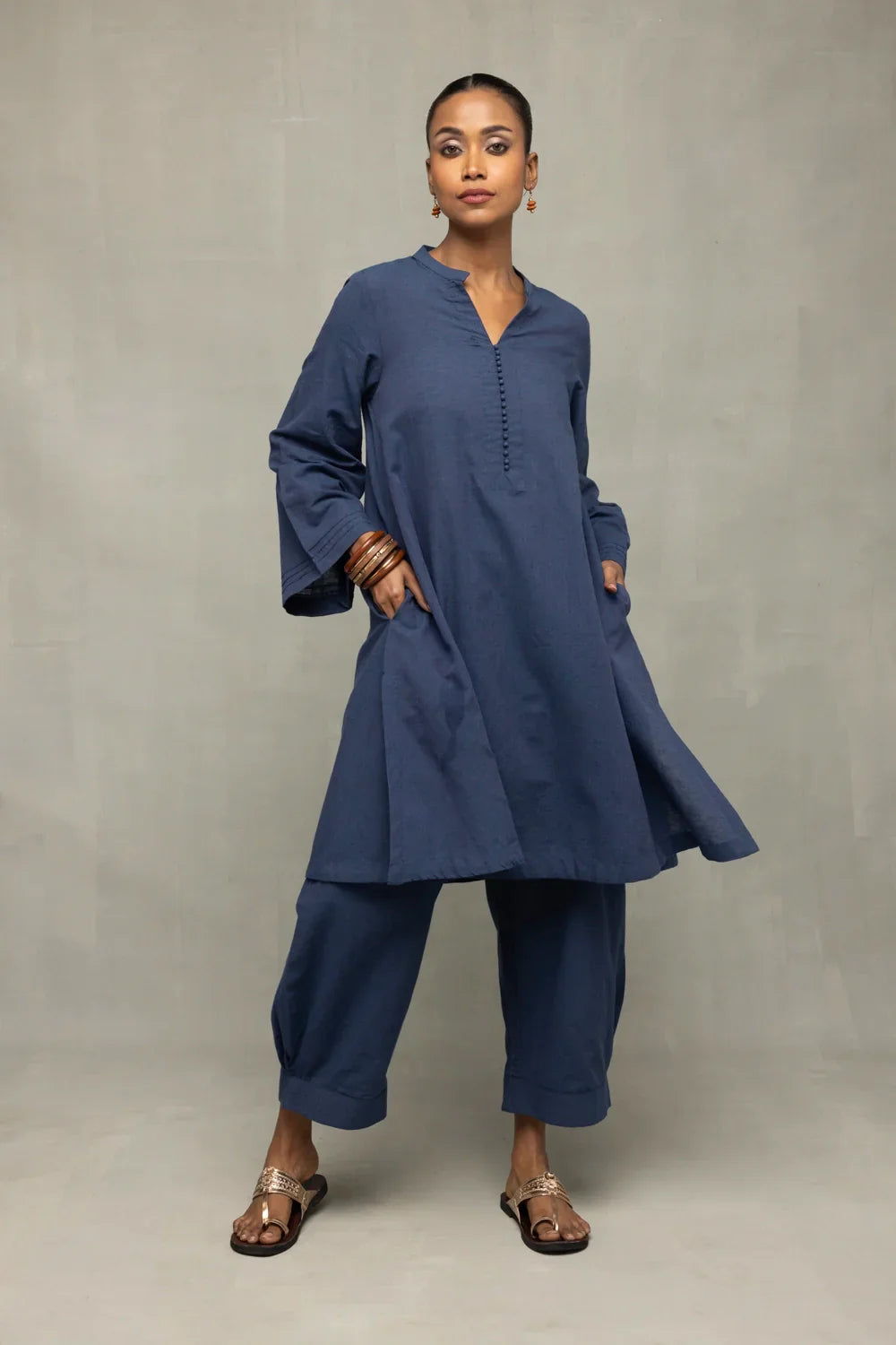 Muted Navy Blue Minimalist Kala Cotton Co-Ord Set | SHOBITAM