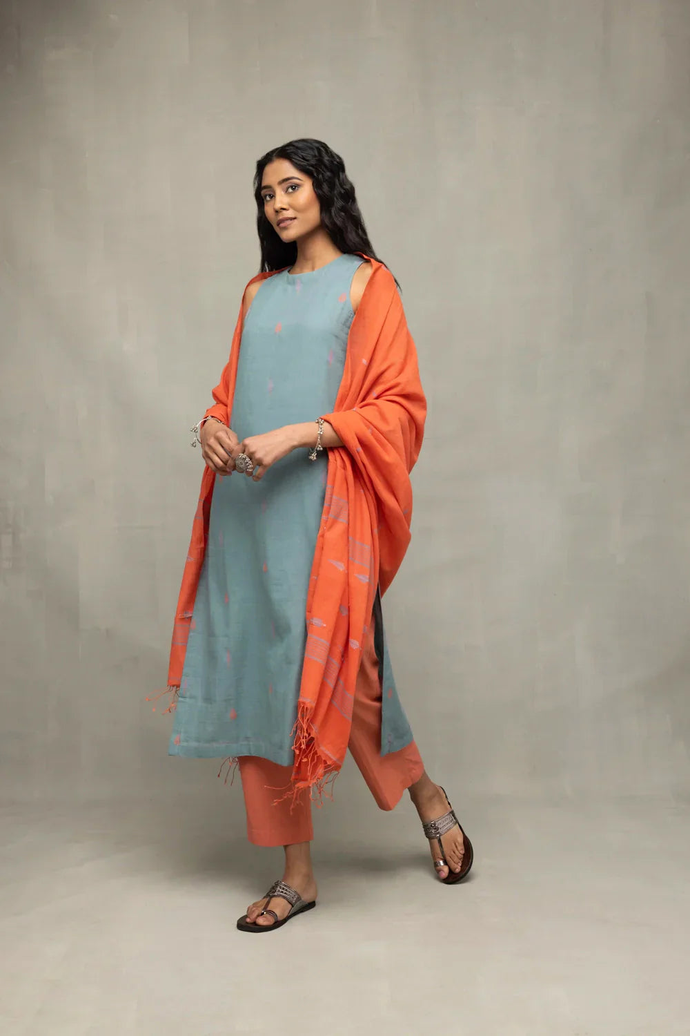 Zen Blue Straight Fit Jamdani Kurta Set with Tangerine Leaf Motif Dupatta | SHOBITAM