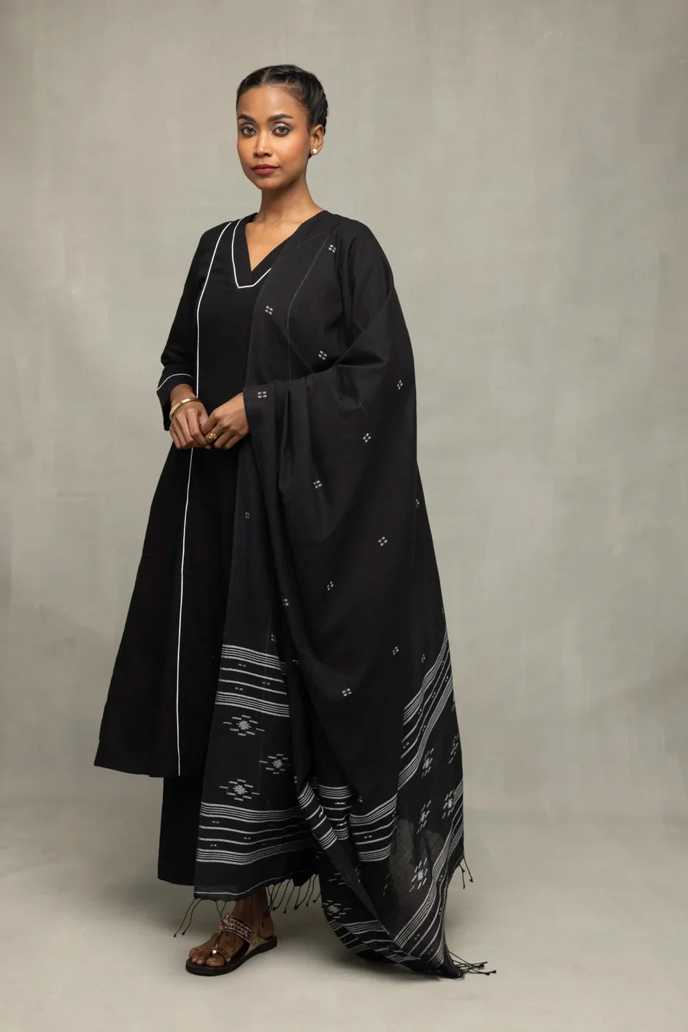 Black Bengal Cotton Kurta Set With Jamdani Dupatta | SHOBITAM