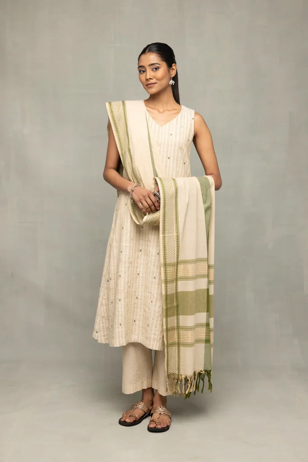 Sage Serenity South Cotton Zari Kurta Set with Dupatta | SHOBITAM