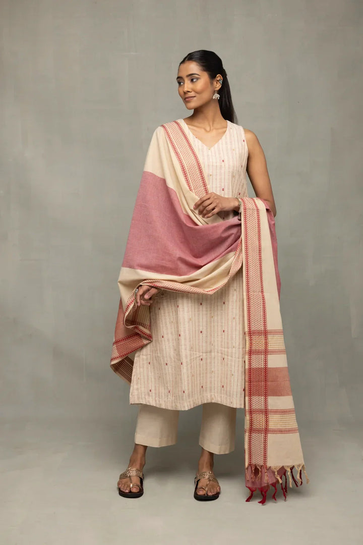 Cream and Pink South Cotton Zari Kurta Set With Dupatta