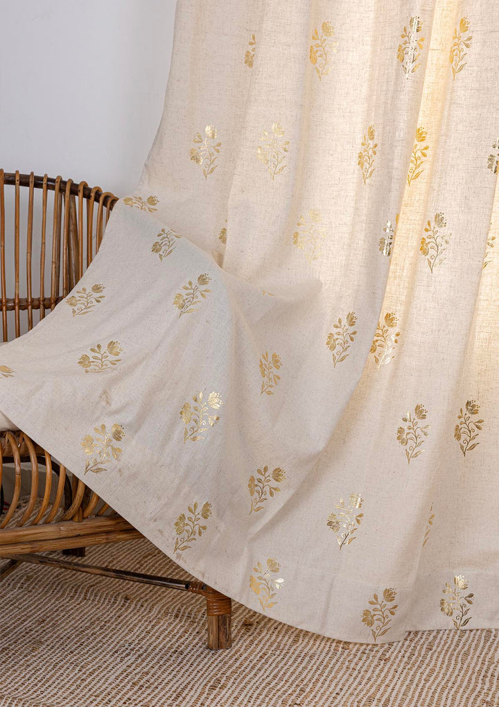 Roha Linen Cotton Gold Printed Curtain for living room - Light Reduction - Beige- Single Piece | SHOBITAM