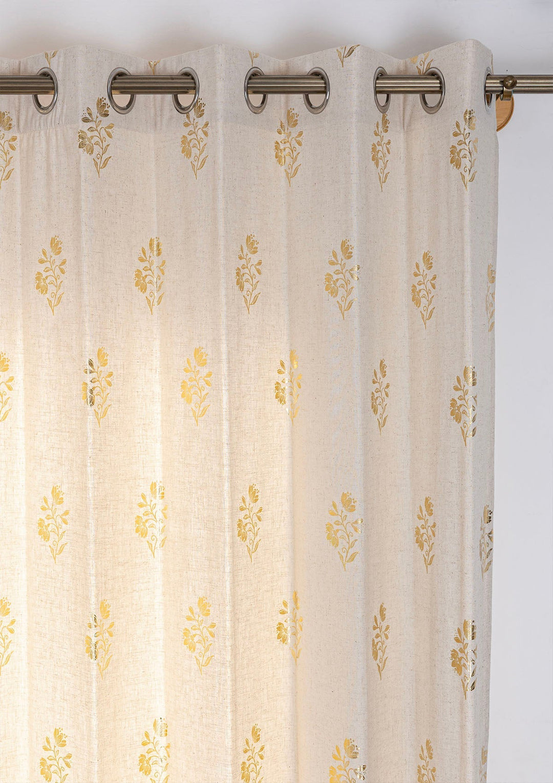 Roha Linen Cotton Gold Printed Curtain for living room - Light Reduction - Beige- Single Piece | SHOBITAM