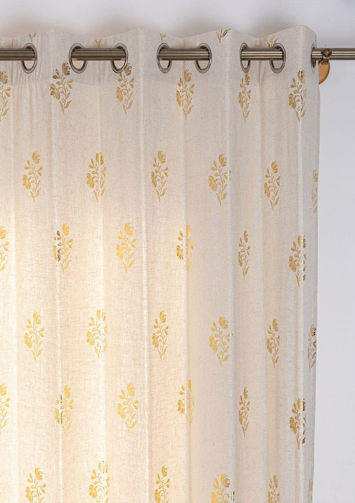 Roha Linen Cotton Gold Printed Curtain for living room - Light Reduction - Beige- Single Piece | SHOBITAM