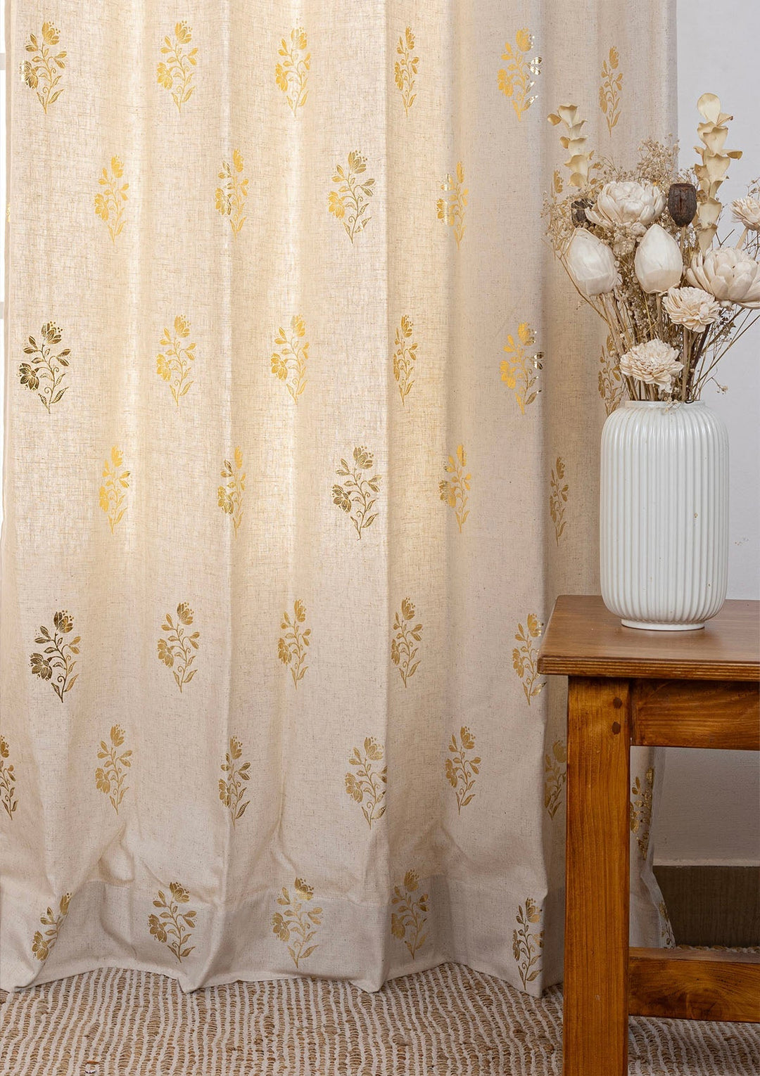 Roha Linen Cotton Gold Printed Curtain for living room - Light Reduction - Beige- Single Piece | SHOBITAM
