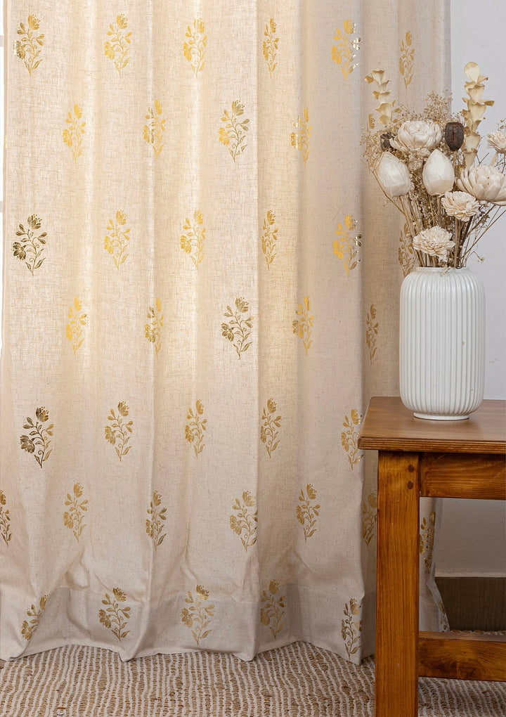 Roha Linen Cotton Gold Printed Curtain for living room - Light Reduction - Beige- Single Piece | SHOBITAM