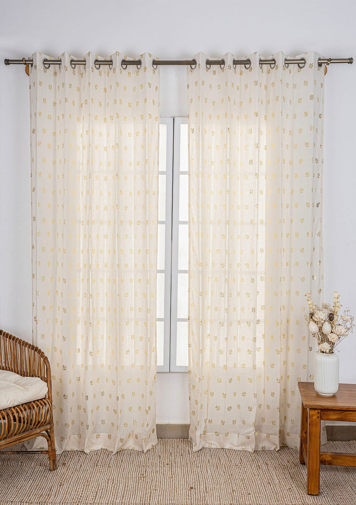 Induja 100% Cotton Sheer Gold Printed Curtain for living room & bedroom - Light Filtering - Beige - Single Piece  SHOBITAM