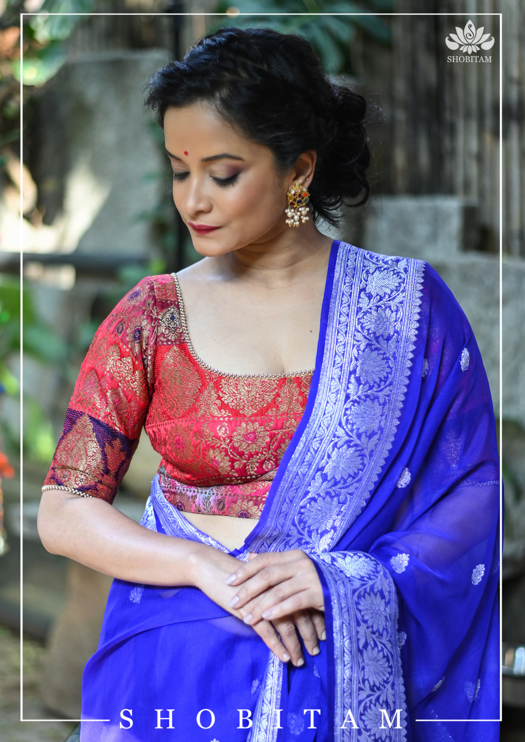 Banarasi Multicolor Panel design  Zari Brocade Blouse with Antique tone zari