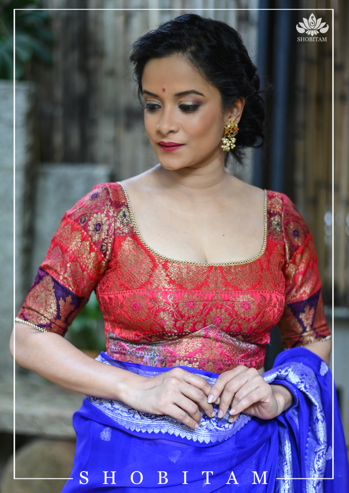 Banarasi Multicolor Panel design  Zari Brocade Blouse with Antique tone zari