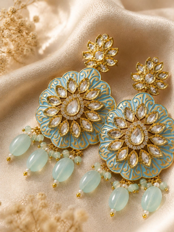 Sky Blue Kundan Statement Earrings in Gold Finish – Festive Wear | SHOBITAM