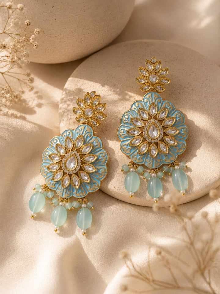 Sky Blue Kundan Statement Earrings in Gold Finish – Festive Wear | SHOBITAM