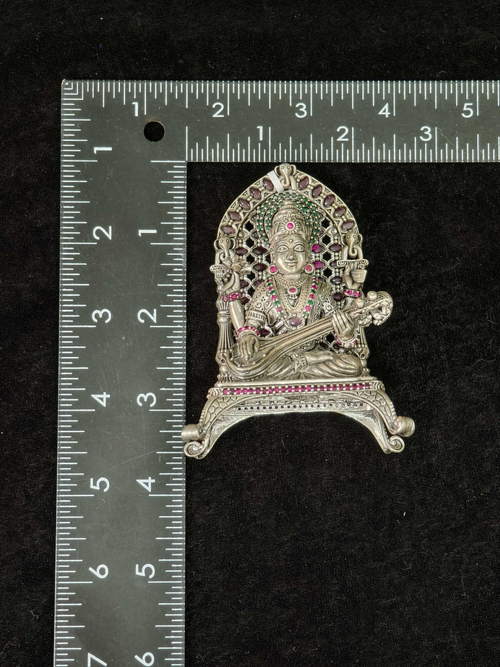 Pure 92.5 Saraswati 3D Idol with Stone accents Accents, Intricate Throne and Detailed Arch