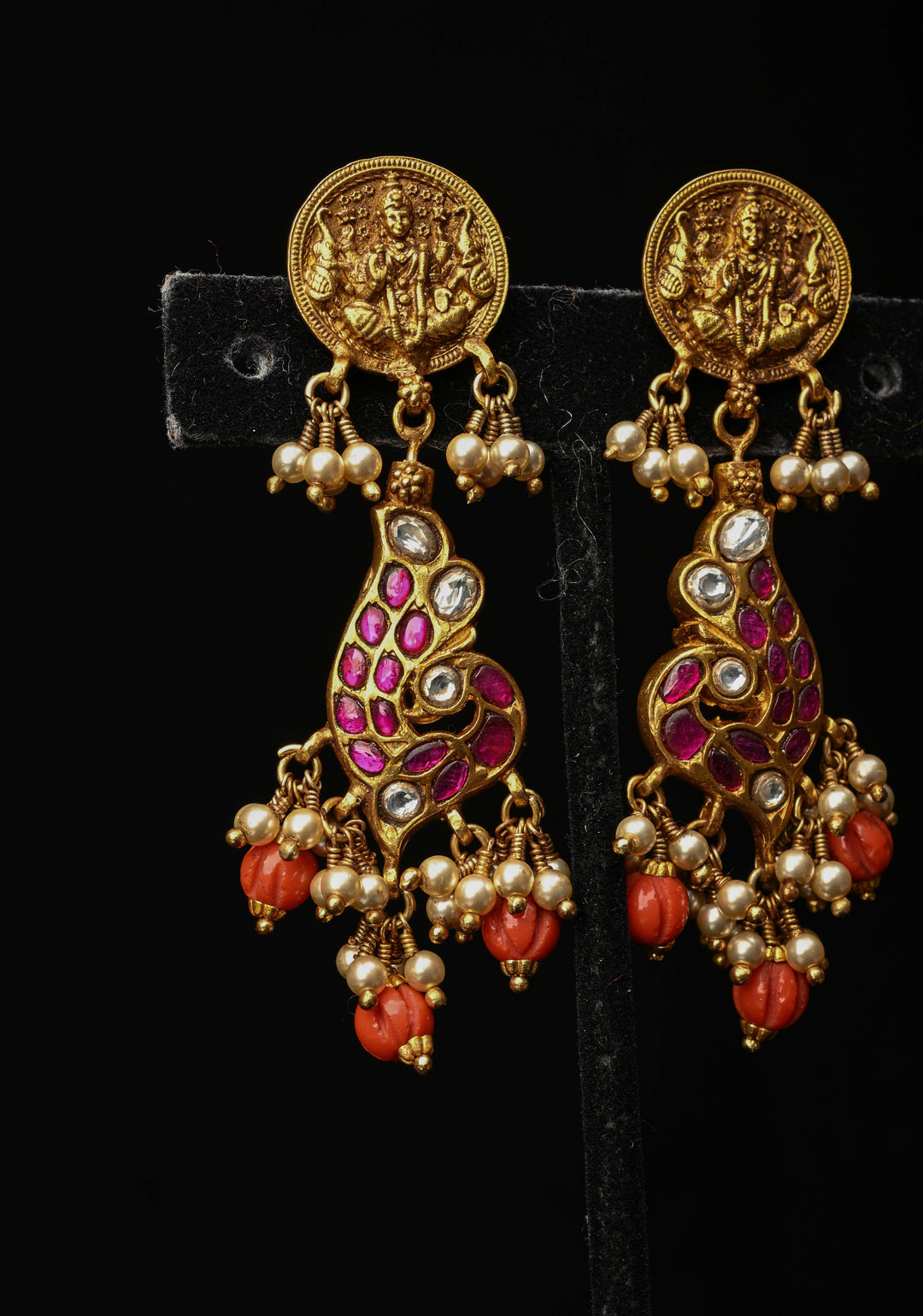 2 in 1 92.5  Silver Antique 24 Ct Gold Plated Reversible Kundan Earrings with Lakshmi, Peacock Design