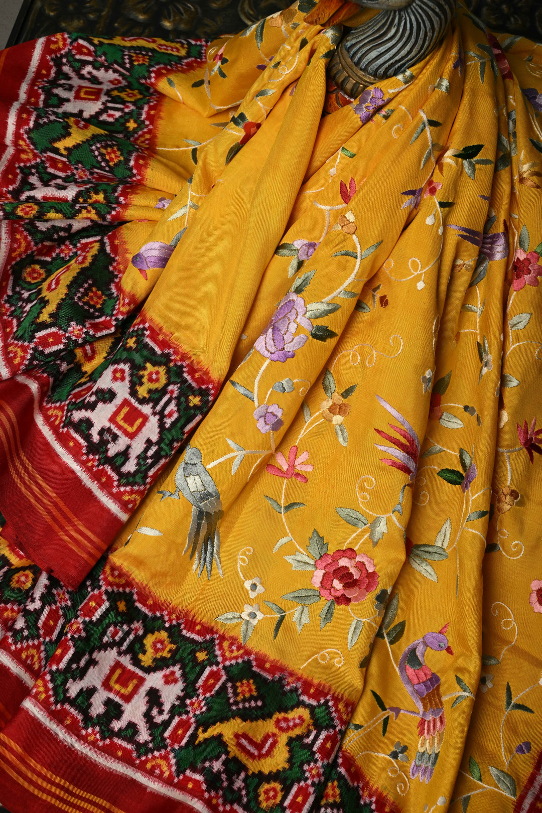 Yellow  Jugalbandi Authentic Patan Patola Double Ikkat Pure Silk Saree With Parsi Gara Hand Embroidery Floral Jaal Birds and Pallu on Both Sides | SILK MARK CERTIFIED | SHOBITAM