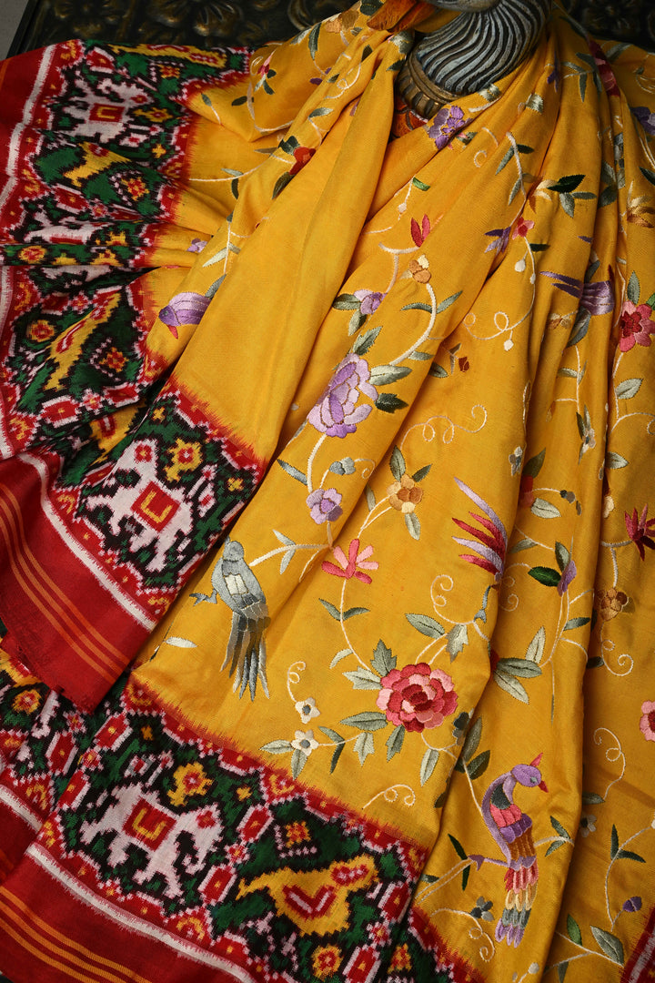 Yellow  Jugalbandi Authentic Patan Patola Double Ikkat Pure Silk Saree With Parsi Gara Hand Embroidery Floral Jaal Birds and Pallu on Both Sides | SILK MARK CERTIFIED | SHOBITAM