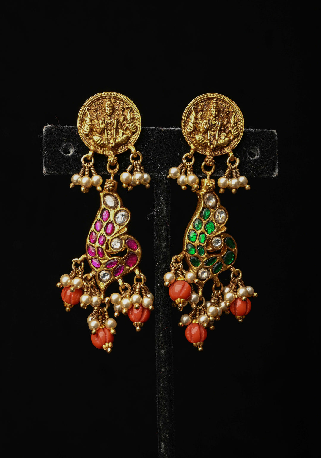 2 in 1 92.5  Silver Antique 24 Ct Gold Plated Reversible Kundan Earrings with Lakshmi, Peacock Design
