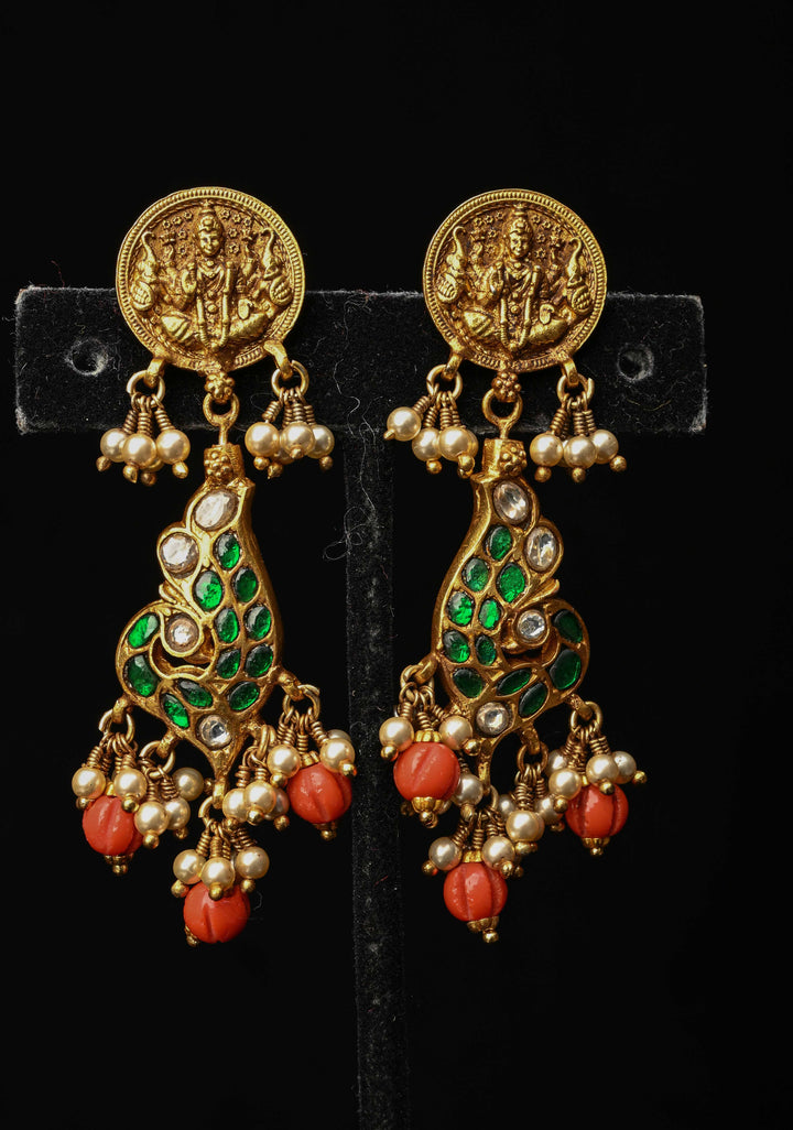2 in 1 92.5  Silver Antique 24 Ct Gold Plated Reversible Kundan Earrings with Lakshmi, Peacock Design