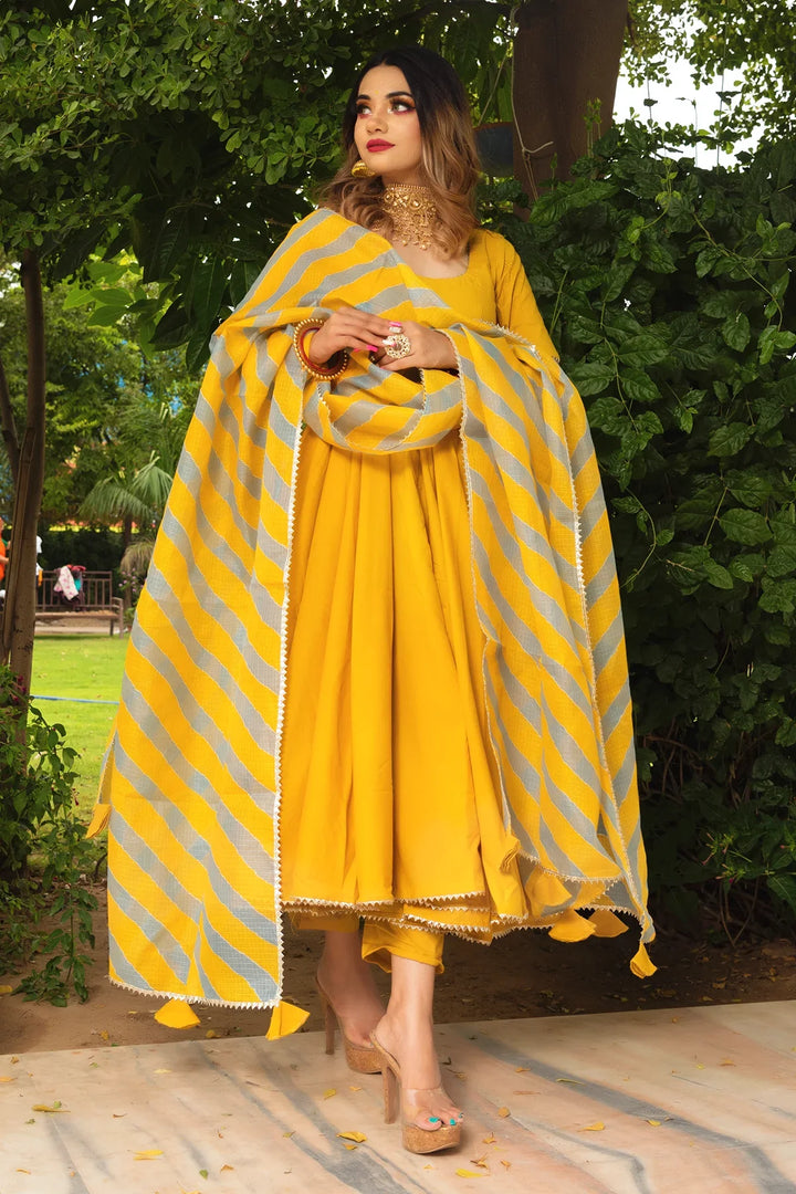 ROSEMARRY YELLOW COTTON ANARKALI SET | SHOBITAM