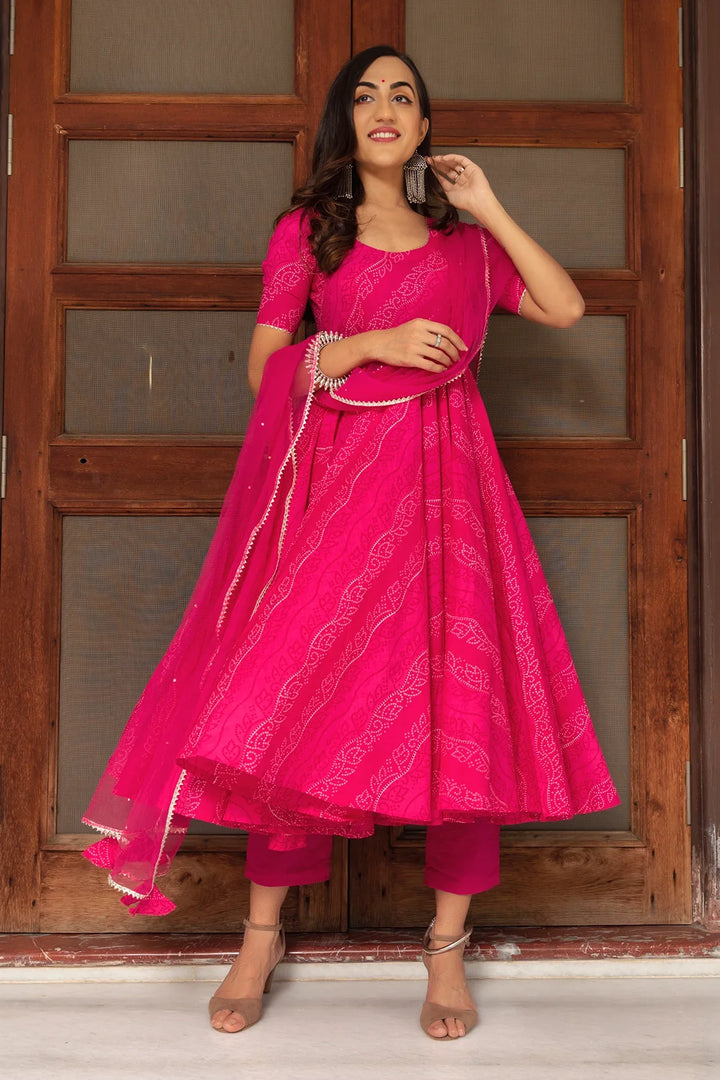BHANDHEJ PINK COTTON ANARKALI SET | SHOBITAM