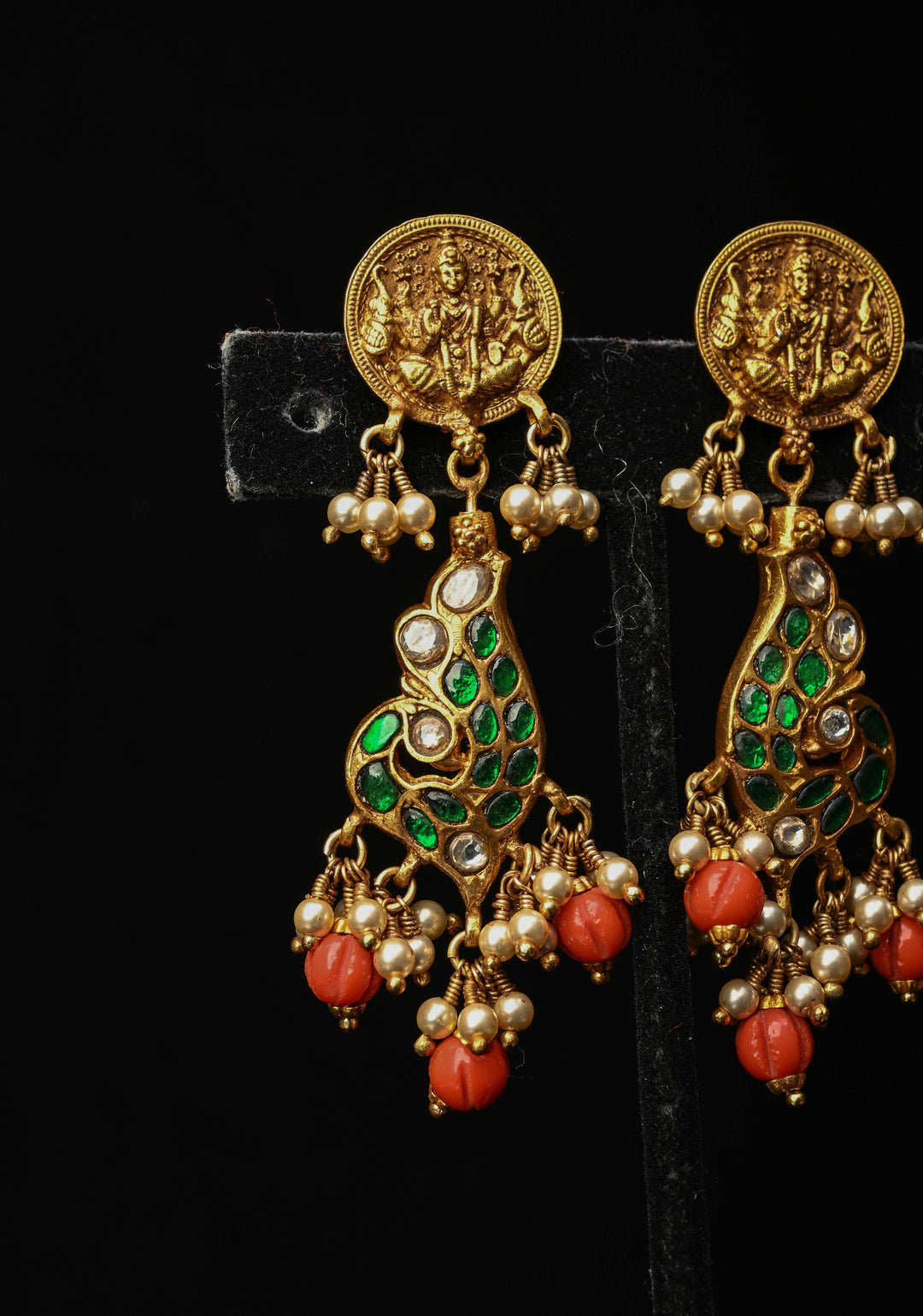 2 in 1 92.5  Silver Antique 24 Ct Gold Plated Reversible Kundan Earrings with Lakshmi, Peacock Design
