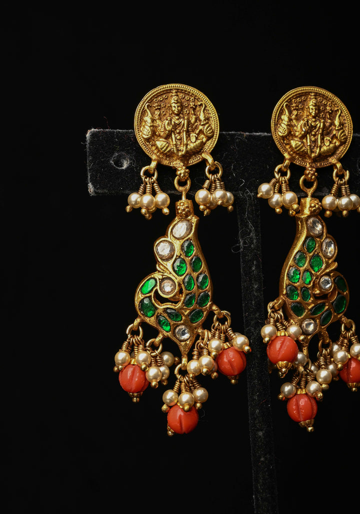 2 in 1 92.5  Silver Antique 24 Ct Gold Plated Reversible Kundan Earrings with Lakshmi, Peacock Design