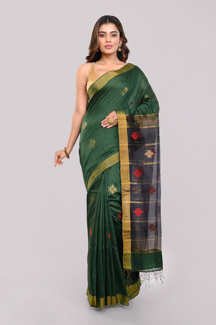 Green Gold Jamdani Matka Silk Saree | SHOBITAM