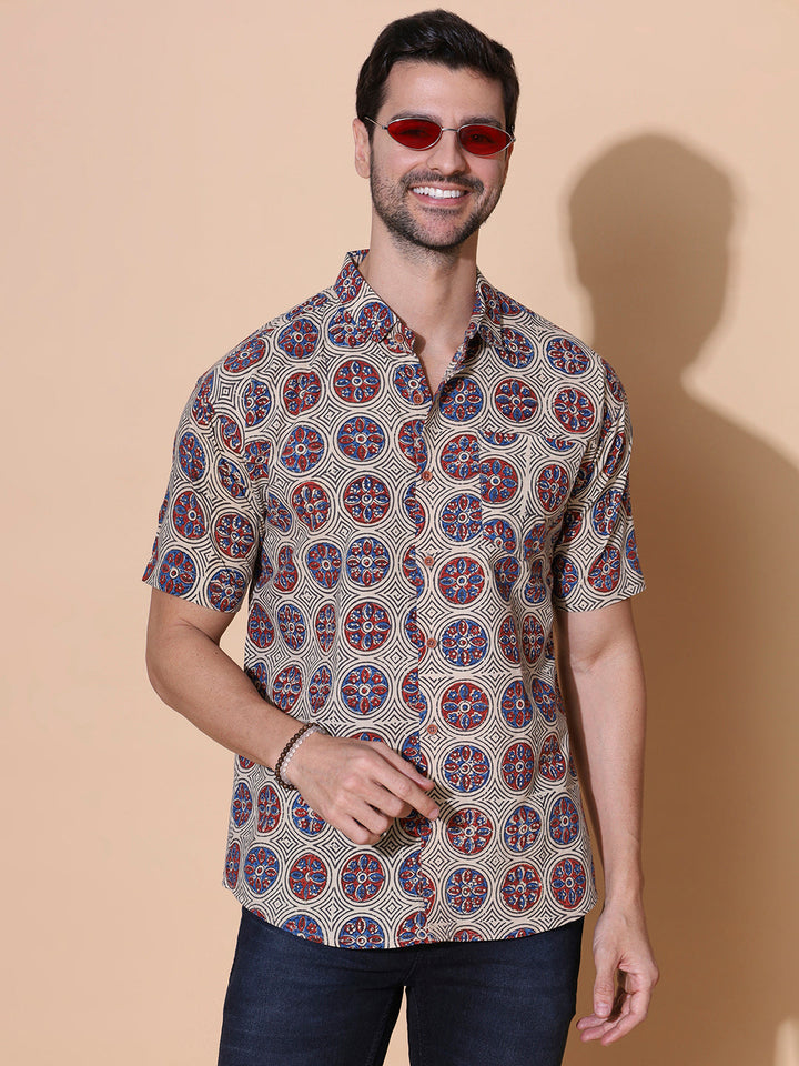 Urban Ajrakh Half Sleeve Artisan Print Shirt in Cream for Men
