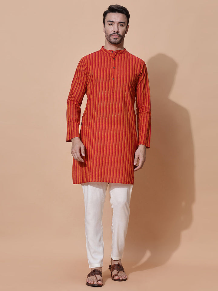 Zesty Men Handloom Cotton Long Kurta in Orange