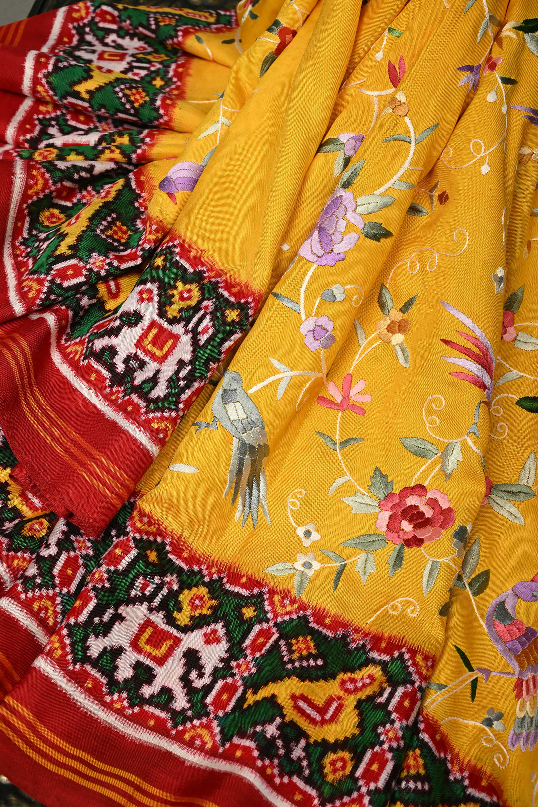 Yellow  Jugalbandi Authentic Patan Patola Double Ikkat Pure Silk Saree With Parsi Gara Hand Embroidery Floral Jaal Birds and Pallu on Both Sides | SILK MARK CERTIFIED | SHOBITAM