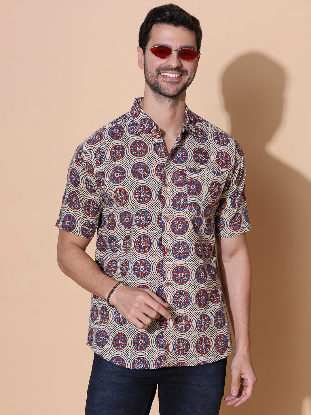 Urban Ajrakh Half Sleeve Artisan Print Shirt in Cream for Men